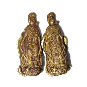 RARE Vtg Ethnic Buddhist Guanyin Goldtone Brass 1" Clip Earrings Spiritual Mercy